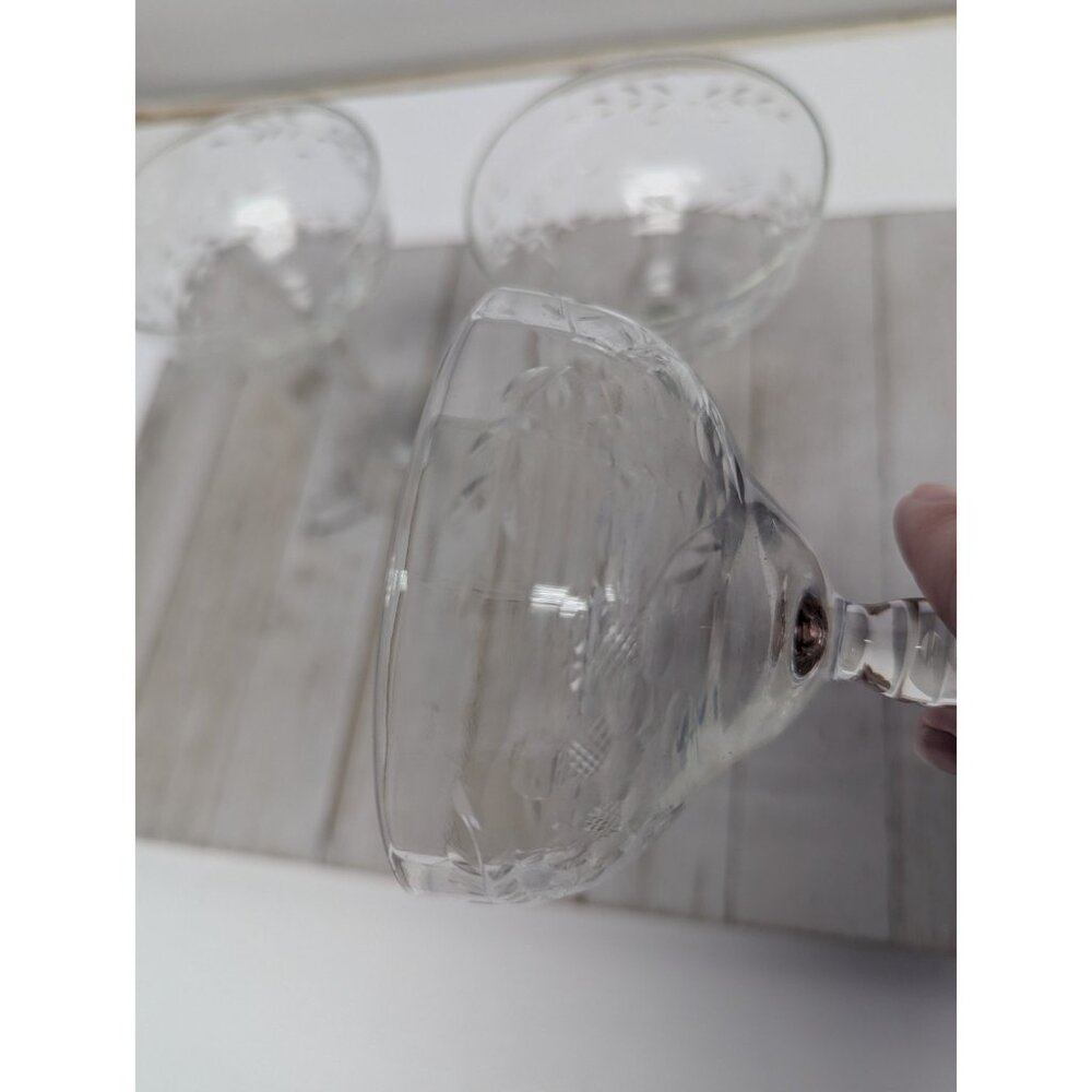 Set Of 3 Vintage Flower Etched Crystal Sherbet Champagne Glasses 5 7/8” Clear - Picture 3 of 6